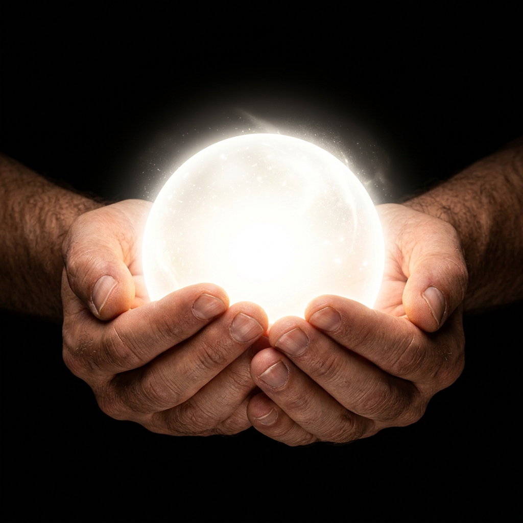 Glowing Orb of Creativity Held by Hands